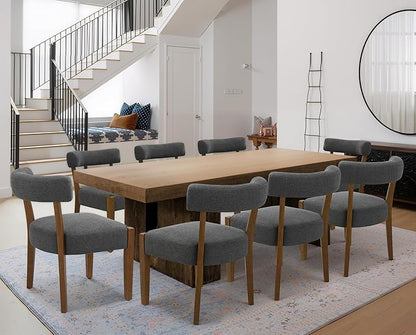 Modern Dining Chairs Set of 8, Walnut Upholstered Kitchen & Dining Room Chairs, Mid Century Wooden Dining Chairs Oversized Sturdy Fabric Rounded Chairs Curved Back, Dark Grey