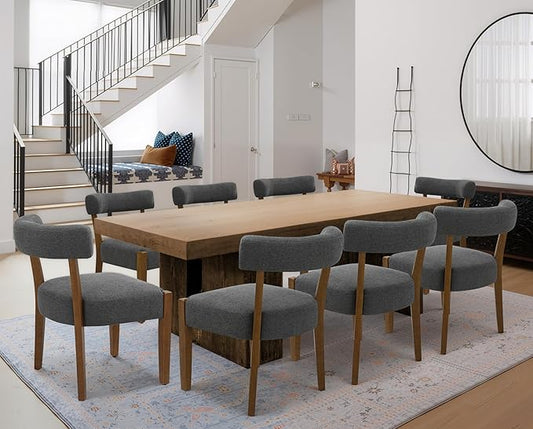 Modern Dining Chairs Set of 8, Walnut Upholstered Kitchen & Dining Room Chairs, Mid Century Wooden Dining Chairs Oversized Sturdy Fabric Rounded Chairs Curved Back, Dark Grey