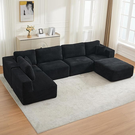 Modular Sectional Cloud Couch for Living Room,Modern Boneless Couche Set with Plush Corduroy,Comfy Floor Sofa with Memory Foam,Stupendous U Shaped Sofa with Ottoman,No Assembly Required,Black