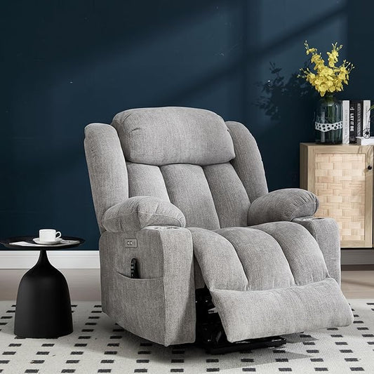 Power Lift Recliner Chair, USB/Type-C Ports & Cup Holders, Heavy Duty Chenille Recliner for Elderly, Light Grey