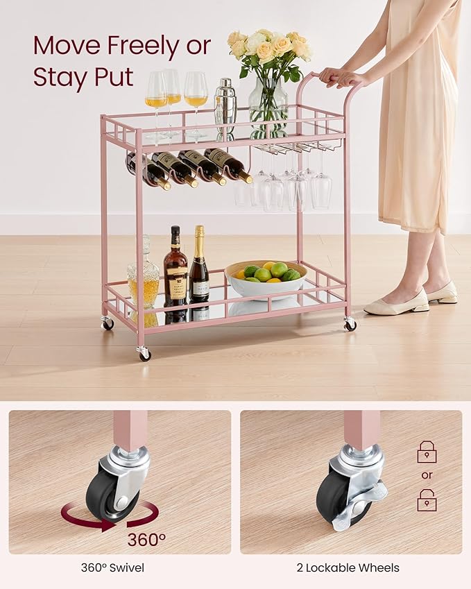 VASAGLE Bar Cart Gold, Home Bar Serving Cart, Wine Cart with 2 Mirrored Shelves, Wine Holders, Glass Holders, for Kitchen, Dining Room, Rose Gold ULRC090A07