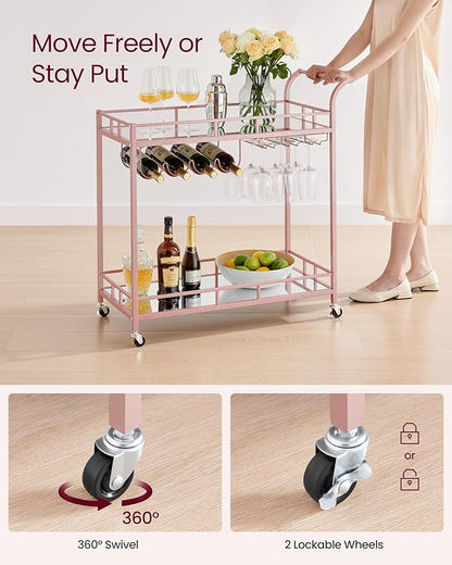 VASAGLE Bar Cart Gold, Home Bar Serving Cart, Wine Cart with 2 Mirrored Shelves, Wine Holders, Glass Holders, for Kitchen, Dining Room, Rose Gold ULRC090A07