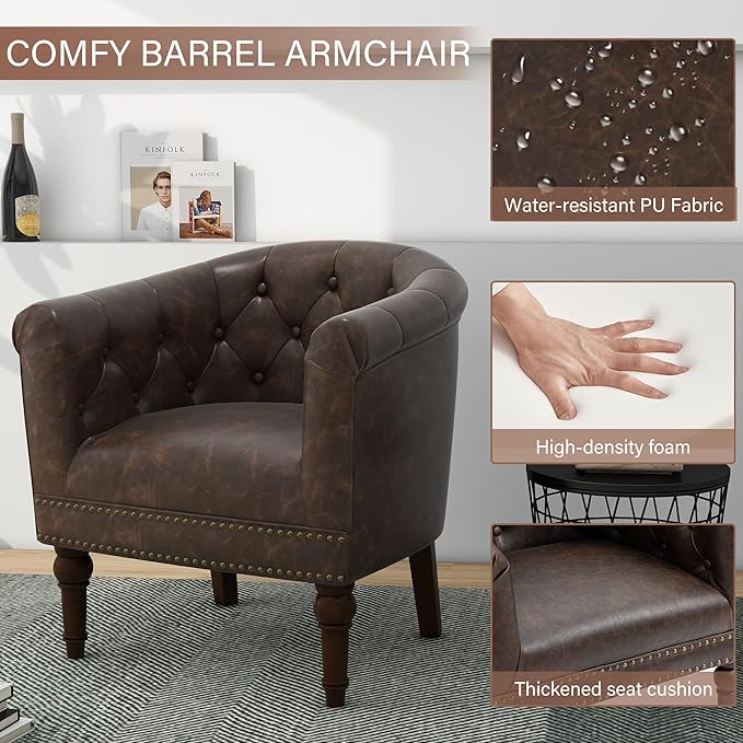 Pia Ricco Faux Leather Barrel Accent Chair, Comfy Club Armchair with Solid Wood Legs, Upholstered Single Sofa Chair for Living Room Bedroom/Reading Room, Chocolate