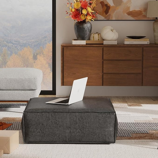 SIMPLIHOME Brody Extra Large Coffee Table Pouf - 36 inch Wide Upholstered Vegan Leather Square Ottoman in Distressed Black, Boho Footstool, Coffee Table or Extra Seating for Living Room, Assembled