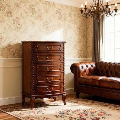 Fully Assembled Solid Wood 5 Drawer Dresser for Bedroom Tall Chest of Drawers Wood Storage Dresser with Metal Handle for Living Room Hallway Entryway, 15.74" D x 24" W x 37.4" H, Walnut