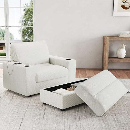 Christopher Knight Home Zoe Oversized Chaise Lounge Chair Indoor with Cup Holders & USB Charging Port, Corduroy Upholstered Sofa Bed + Ottoman with Storage, Comfy Deep Seat Sleeper Sofa Chair, Beige