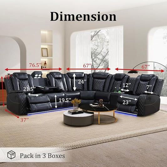 Power Reclining Sectional Sofa, Black Leather Couch with Recliners, Air Leather Sofa Couch with LED Lights/USB Port/Cup Holder for Living Room/Apartment/Office
