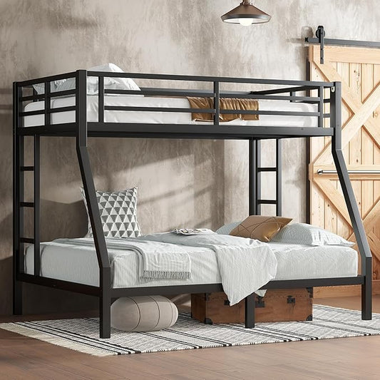 Bellemave Twin Over Full Bunk Bed for Teens, Twin Over Full Bunk Bed Frame with 2 Side Ladder and Full Length Guardrail, Easy Assemble Bunkbeds, Noise Reduced, Mattress Not Included, Black