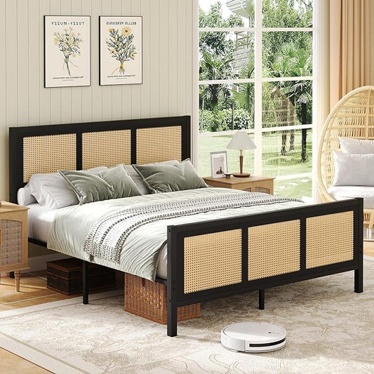 Rattan Full Bed Frame, Boho Full Size Bed Frame with Headboard, Metal Platform Bed Frames Full with Strong Slats Support, No Box Spring Needed, Noise Free, Easy Assembly, Black