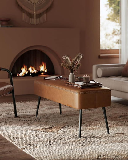VASAGLE EKHO Collection - Bench for Entryway Bedroom, Synthetic Leather with Stitching, Ottoman Bench with Steel Legs, Living Dining Room, Mid-Century Modern, Loads 660 lb, Caramel Brown ULOM076K01