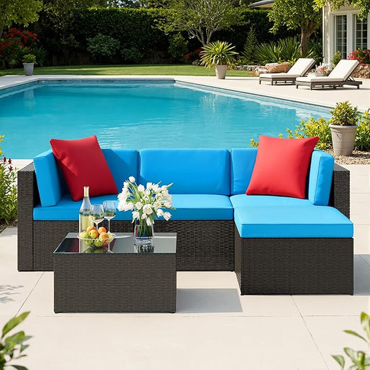JUMMICO 5 Pieces Patio Furniture Set, Outdoor Sectional Sofa Conversation Sets, Couch Rattan Chair Wicker with Ottoman Cushion, Glass Tea Table and Pillows for Backyard Porch Garden Pool Balcony,Blue