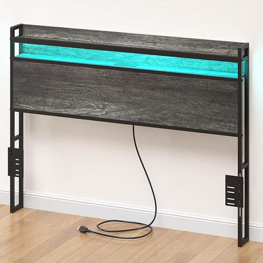 Elephance Headboard for Queen Size Bed Frame with 2 Tier Storage, with Outlets, USB and Type C Ports and LED Light, Height Adjustable, Platform Bed Headboard Only, Easy Assembly