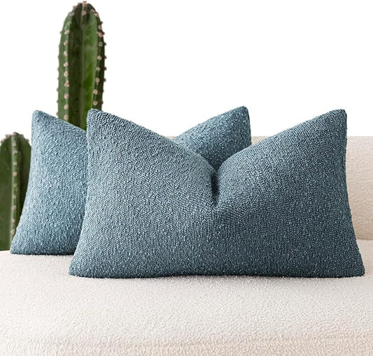 Foindtower Pack of 2 Textured Boucle Throw Pillow Covers Accent Solid Decorative Lumbar Pillow Cases Cozy Couch Cushion Case for Chair Sofa Bedroom Living Room Home Decor 12x20 Inch Misty Blue