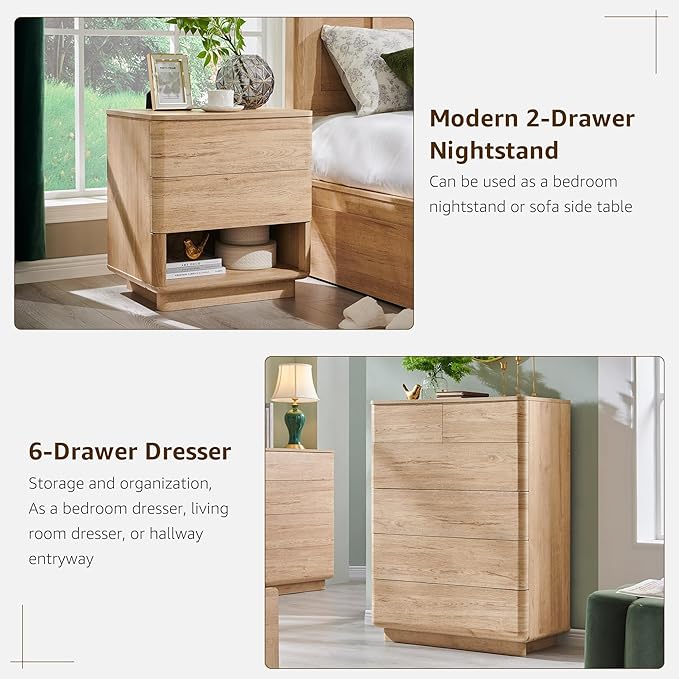 ACCOHOHO Modern Bedroom Set, 3 Pieces Bedroom Furniture Set, Includes 8 Drawers Dresser, 6 Dressers Organizer,Nightstand, Chest of Drawers Wide Storage Organizer Cabinet for Bedroom, Natural Oak
