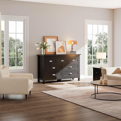 Black Dresser for Bedroom, Farmhouse 7 Drawer Double Dresser with Vintage Antique Handles, Modern Dressers and Chest of Drawers for Bedroom