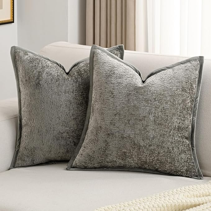 FUTEI Grey Chenille Throw Pillow Covers 18x18 Inch Set of 2,Soft Cozy Bound Edge Design Cushion Case,Home Decor for Couch Bed Living Room