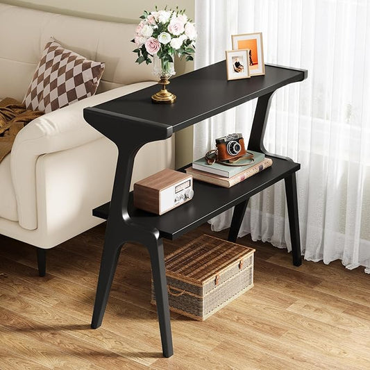 Tribesigns Solid Wood End Table, 2-Tier Modern Slim Couch Side Table with Storage Shelves, Tall Sofa Side Table with Cute Deer-Shaped Legs for Living Room, Skinny Bedside Nightstand for Bedroom, Black
