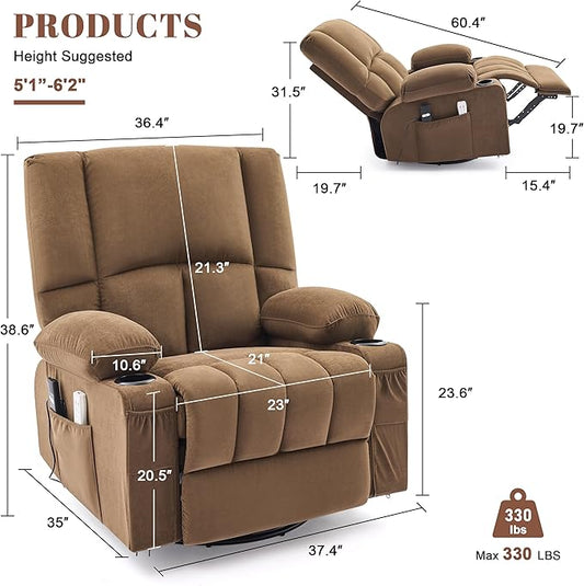 Swivel Rocker Chair with Heat and Massage, 270° Power Recliner Chairs for Adults, USB and Type-C Ports, Oversized Recliner Single Sofa, Electric Glider Chair(Brown)