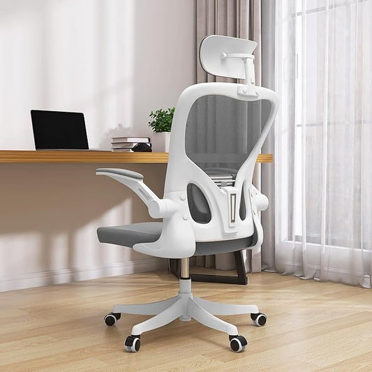 Monhey Office Chair Ergonomic Desk Chair with Lumbar Support&Headrest&Flip-up Arms Height Adjustable Rocking Swivel High Back Computer Chair Warm Taupe Mesh Study Chair (02White+Grey)