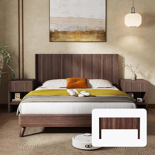 KEIKI Wooden Queen Size Headboard Only, 64.5" Wide Farmhouse Headboards with Wall Mounted Fluted Panel & Wingback for Bedroom, Walnut Brown