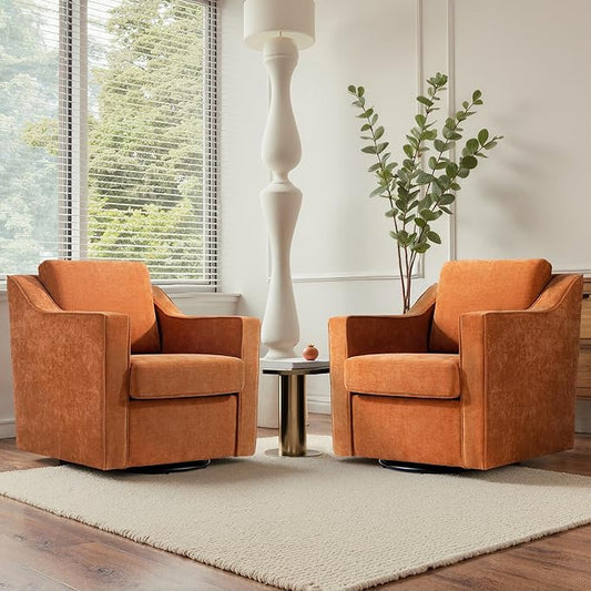 UIXE Swivel Accent Chairs Set of 2, Chenille Upholstered Arm Chair for Living Room, Modern Club Armchair Comfy Single Sofa Bedroom Reading Seat with Lumbar Pillow - Orange