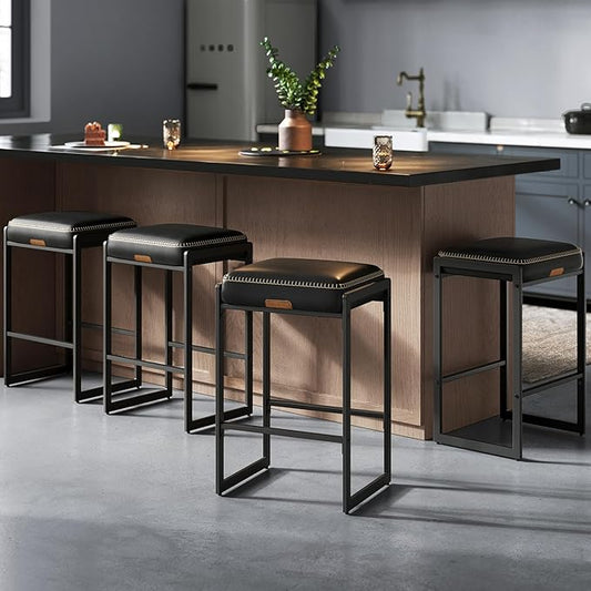 VASAGLE EKHO Collection - Bar Stools Set of 4, Counter Height Bar Stools, Synthetic Leather with Stitching, Mid-Century Modern Counter Stools, 26-Inch Tall, Kichen Home Bar Dining Room, Ink Black