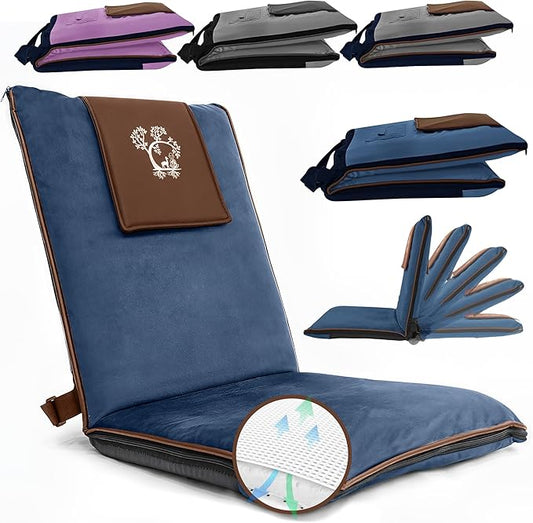 Adjustable Japanese Floor Chair with Back Support for Adults | Premium Meditation Chair for Seating, Yoga & Gaming -Folding Backjack Floor Chair with 6 Recline Positions, Thick Padding & Vegan Leather