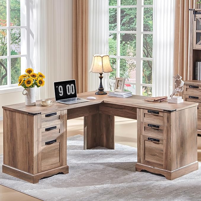 RedLemon 60" Farmhouse L Shaped Executive Desk with Drawers, Wood Home Office Corner Desk with Charging Station, File Drawer, Storage Cabinet, Rustic Computer Writing Desk (Natural Oak)