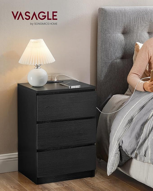 VASAGLE Nightstands with Charging Station, Set of 2, AC Outlets and USB Ports, Bedside Tables, Side Tables with 3 Drawers, Modern Style, 13.8 x 15.7 x 23.2 Inches, Ebony Black ULET731B58