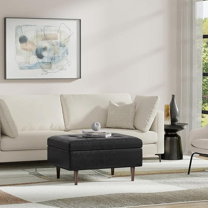 SIMPLIHOME Shay 34 inch Wide Mid Century Modern Small Rectangle Coffee Table Storage Ottoman in Distressed Black Vegan Faux Leather, Assembled, for The Living Room, Entryway and Family Room