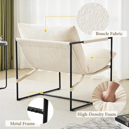 Furnilivng Large Sling Accent Chair, Comfortable Boucle Fabric Arm Chair, Upholstered Cozy Reading Chair for Living Room, Bedroom, Dressing Room, Home Office, White