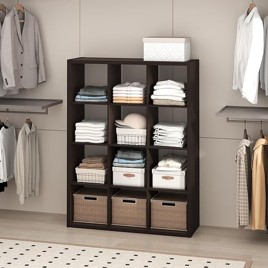Furinno Cubic Closet Organizers and Storage, 12-Cube Closet Organizer, Open Shelf Closet Storage, Extra Thick Frame for Wardrobe, Bedroom, Living Room, Dark Oak