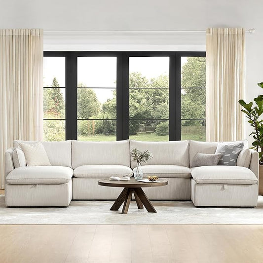 CHITA Luxury Oversized 148" U-Shaped Sectional Sofa Couch, Premium Down Filled Cloud Modular Sectional with Storage Ottoman, FSC Certified, 6 Seat for Living Room, Snow