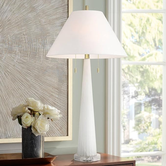 Possini Euro Design Regina 33" Tall Large Modern Glam End Table Lamp 2-Light Pull Chain White Finish Glass Single Fabric White Shade Living Room Bedroom Bedside Nightstand House Office Home Reading