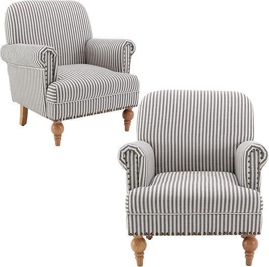 Mid Century Modern Accent Chairs Set of 2 Linen Fabric Armchair Wide Reading Chairs Upholstered Lounge Couch Chair for Bedroom/Living Room, Black Stripe