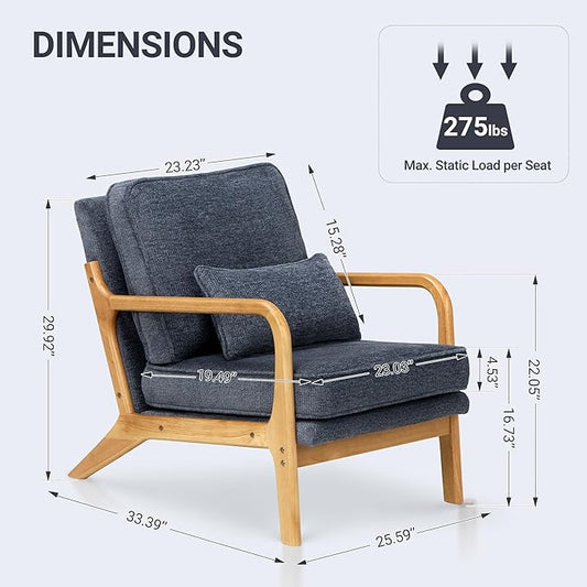 Modern Accent Chair with Lumbar Pillow, Relaxing Mid Century Chair Armchair with Solid Wood Frame & Soft Cushion, Reading Leisure Armchair for Living Room, Blue