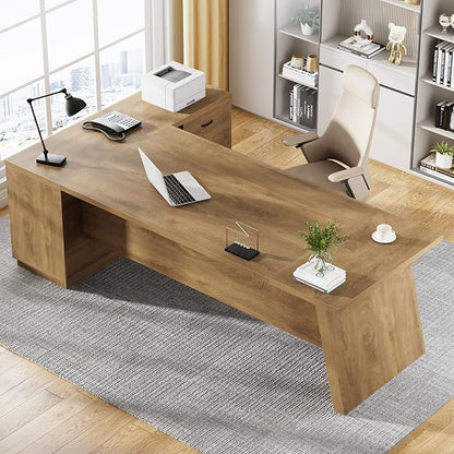 Tribesigns Modern L-Shaped Executive Desk, 78.7" L x 31.5" W x 29.5" H, Brown, 3 Drawers, 2 Shelves, Scratch Resistant, Home Office Desk