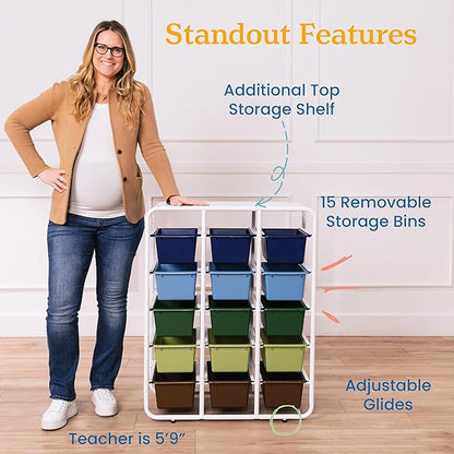 ECR4Kids 5-Tier Storage Rack with 15 Cubby Bins 5x3, Multipurpose Organization, Earthtone