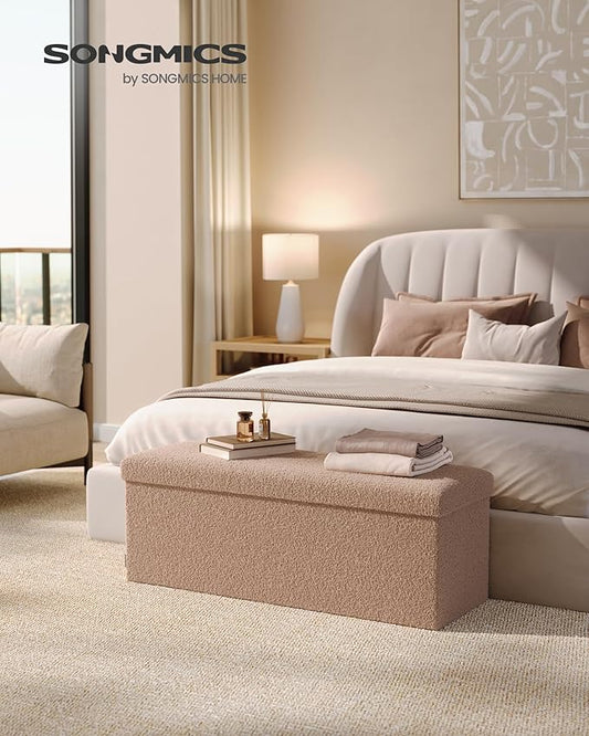 SONGMICS Storage Ottoman Bench, Storage Chest, 15 x 43 x 15 Inches, Foot Rest Stool, End of Bed Bench, Load up to 660 lb, for Living Room, Bedroom, Entryway, Camel Brown ULSF097K01