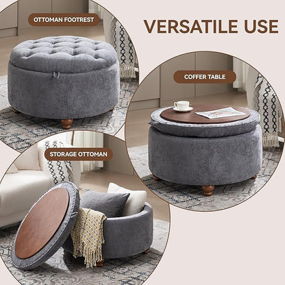 30Inch Round Storage Ottoman with Tray, Modern Tufted Circle Coffee Table with Storage, Upholstered Ottoman with Removable Top for Living Room, Bedroom, Chenille Blue
