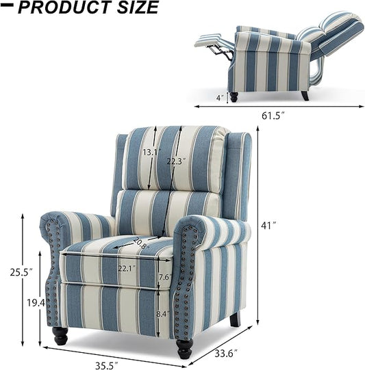 Recliner Chair, Modern Pushback Armchair with Adjustable Backrest & Footrest for Bedroom, Living Room -Navy Blue Stripe,Set of 1