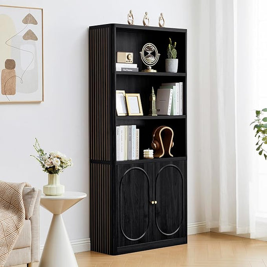 70.8" Tall Fluted Bookshelf with Storage Cabinet, Modern 5-Tier Wood Bookcase with Open Display Storage Shelf, Gold Handles for Office Living Room (Black)