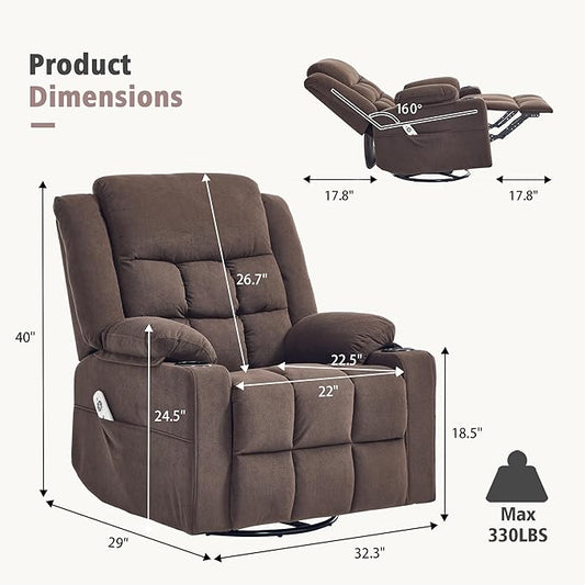 Swivel Rocker Recliner Chair for Adults with Massage and Heat, Cup Holders and Side Pockets, Glider Rocking Reclining Single Sofa Chair for Living Room (Cocoa)