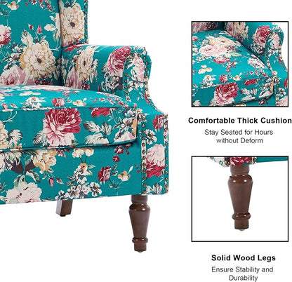 Accent Chair, Upholstered High Back Floral Armchair with Nailhead Trim & Wood Legs, Comfy Wingback Reading Single Sofa Chair for Small Spaces, Living Room, Bedroom ( Peacock Blue Floral, Set of 1)