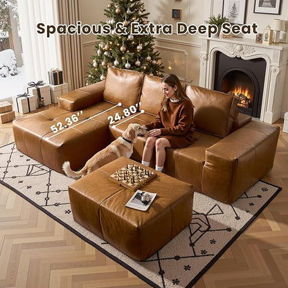 114" Cloud Sectional Couch with L-Shape Chaise & Ottoman, Modern Boneless Couches for Living Room, Fluffy Tufted Deep Seat Modular Sofa No Assembly (Faux Leather,Brown,Left Facing)