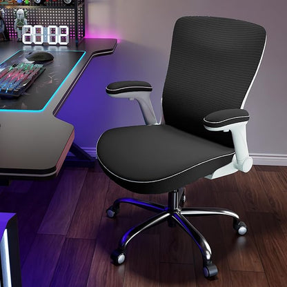 Office Home Ergonomic Desk Chair-Computer X-Shaped Chair Mesh PU Leather with Adjustable Lumbar Support-Executive Chair High Back Flip-Up Arms for Long Hours (Light Black-No Headrest)