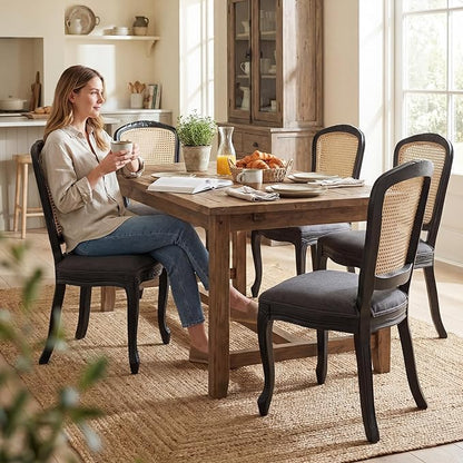 Wicker Dining Chairs Set of 4, Upholstered Linen Fabric Dining Room Chairs with Square High Rattan Back Farmhouse French Kitchen Chairs for Dining Table/Living Room/Restaurant, Black