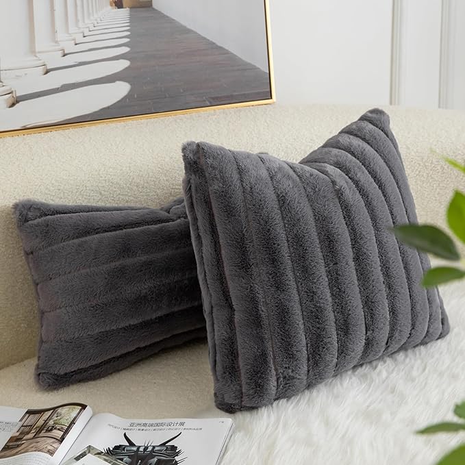 Pack of 2 Faux Fur Throw Pillow Covers 20x20 Inch Striped Decorative Soft Plush Couch Pillow Case Home Decor for Bed, Sofa, Living Room Darkgrey
