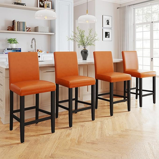 LSSPAID Counter Height Bar Stools Set of 4, 24.8 Inch Upholstered PU Leather Barstools, Modern Kitchen Island Chairs with Backrest and Solid Wood Legs, Light Brown
