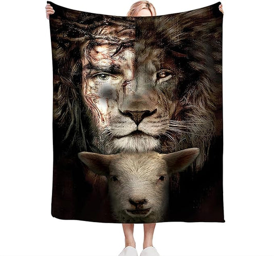 Christian Jesus Lion and Lamb Throw Blanket - Religious Gifts and Decor for Men Women Adults - Soft Warm Cozy Fleece for Couch Sofa Bed 60"x50"